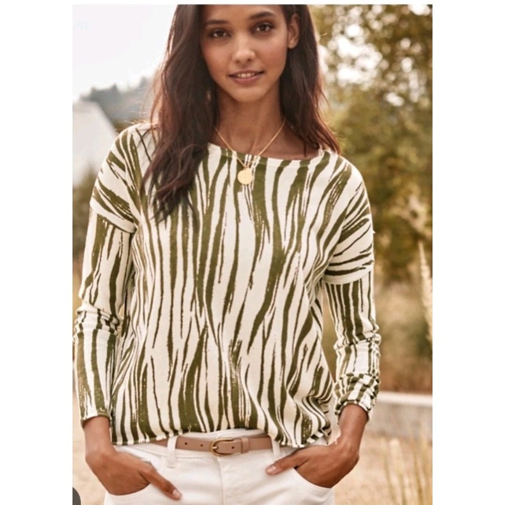 NEW! Garnet Hill Silk Blend Zebra Knit Olive Minimalist Sweater Relaxed